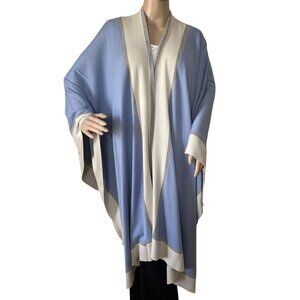Luxurious Poncho Wrap 100% Silk Contrast Trim In Blue & Cream